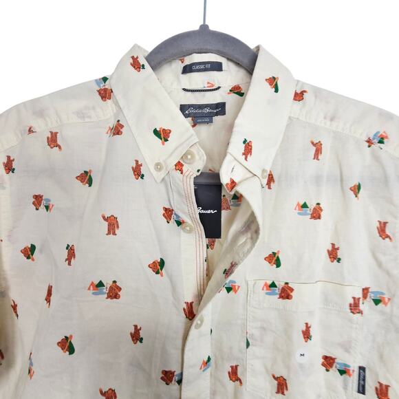 NEW Eddie Bauer Mr Short Sleeve Baja Shirt Class Fit Big Foot Print Men M Ivory - Picture 2 of 9